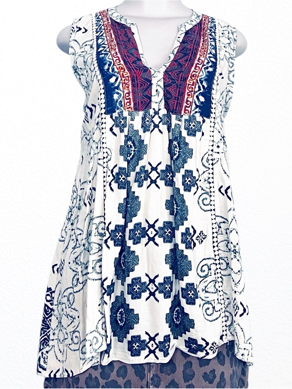 Boho Southwestern Oversized Sleeveless Summer Tunic White SZ S Lola P - Picture 1 of 6